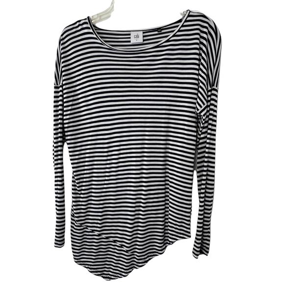 CABI Long Sleeve Boat Striped Asymmetrical Hem Tee Shirt Blue‎ White Size Small - Picture 1 of 4